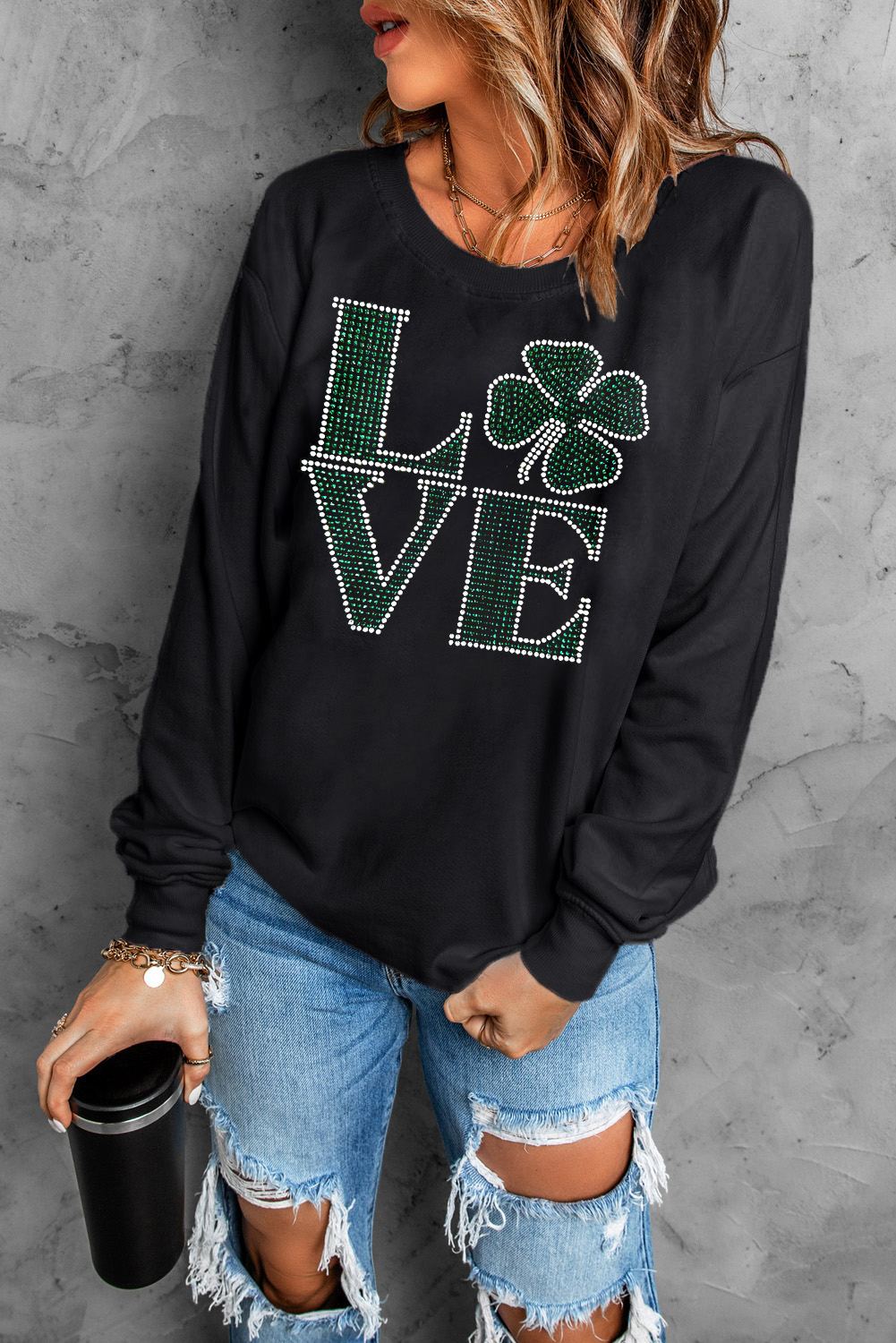 Black Rhinestone LOVE Clover Graphic St Patricks Pullover Sweatshirt - loveforevers