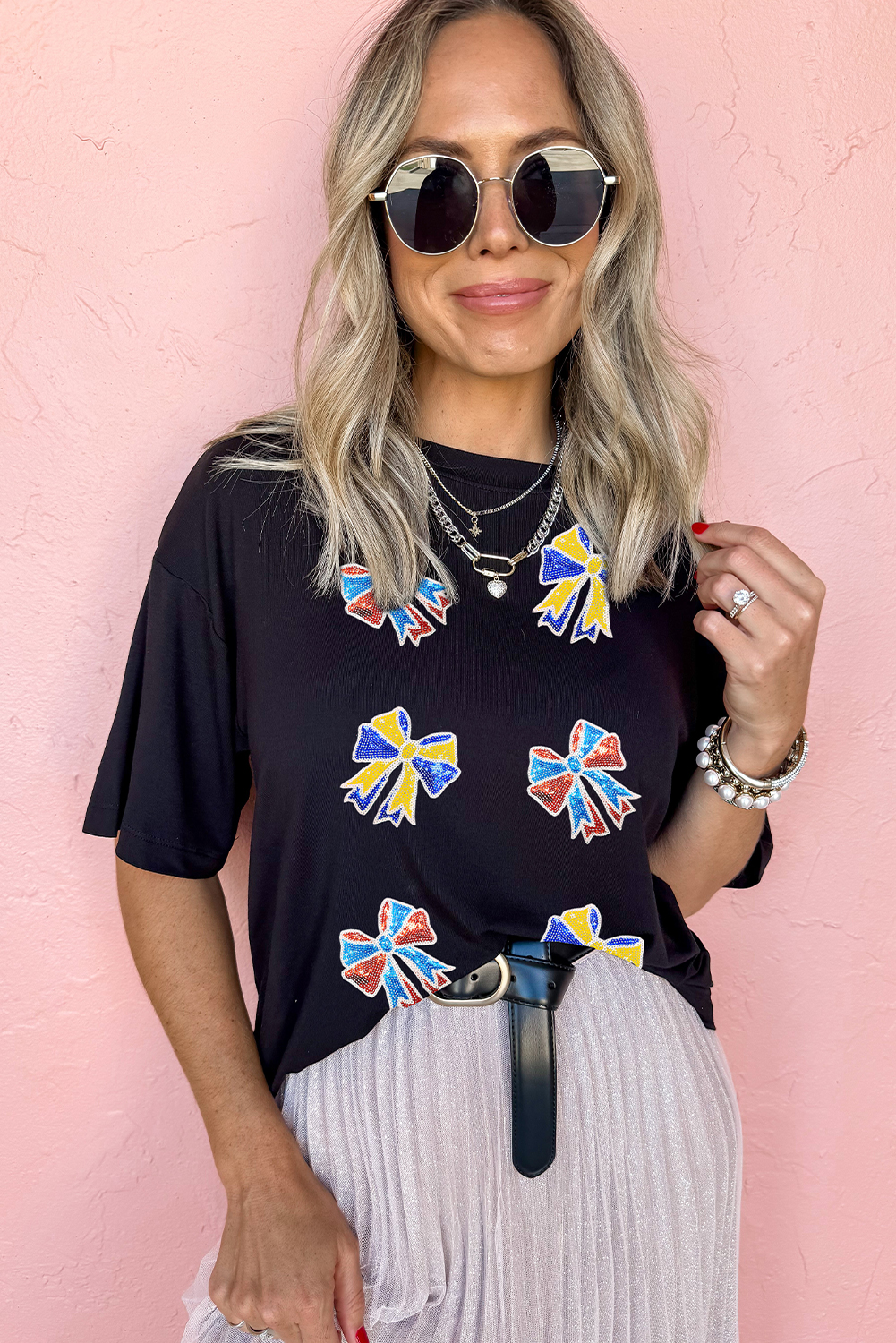 Black Cheerful Sequin Bow Patched Game Day T Shirt - loveforevers