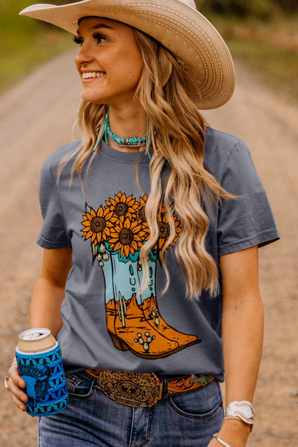 Gray Sunflower Cowgirl Boots Print Western Fashion T Shirt - loveforevers
