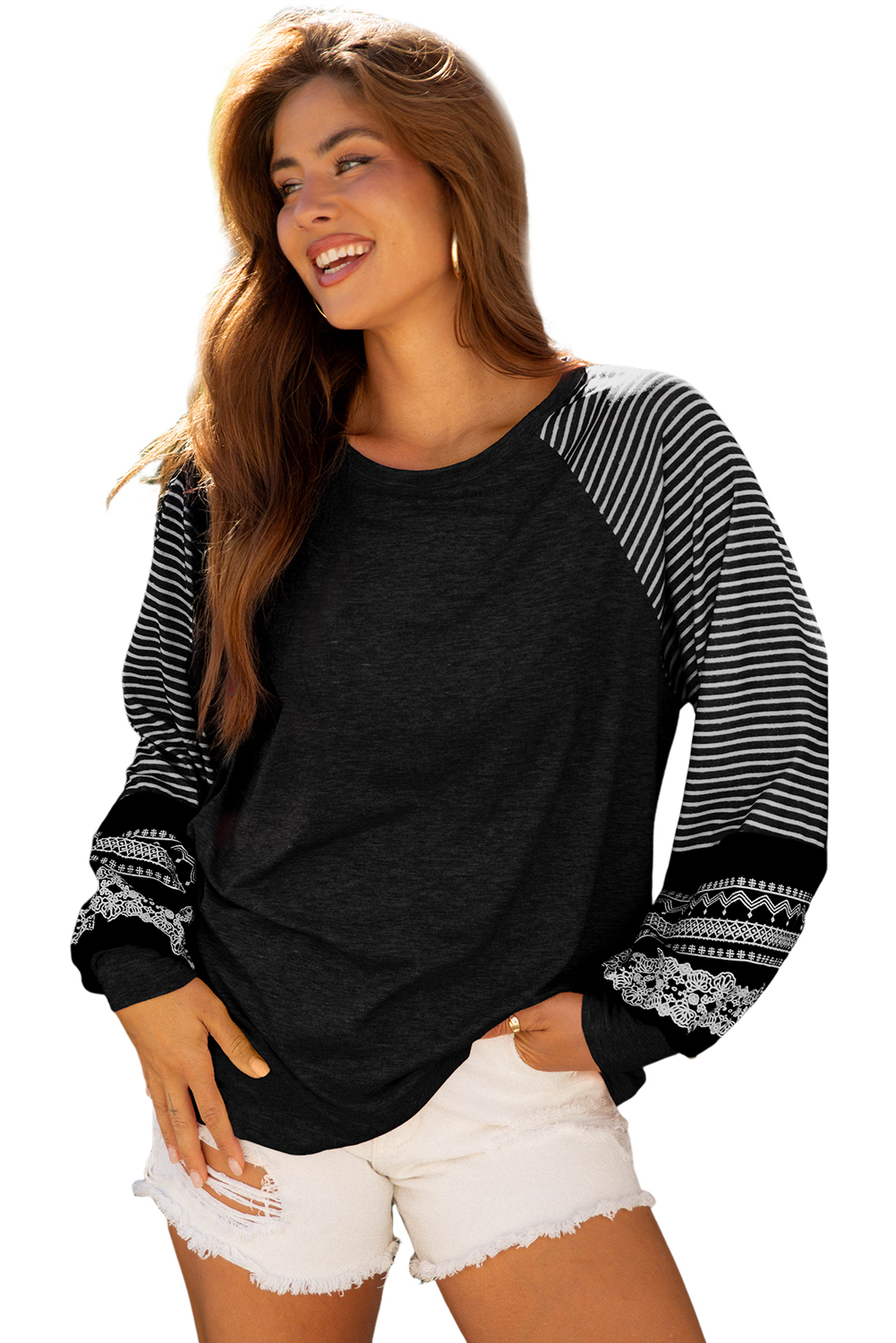 Tillandsia Purple Contrast Print Striped Raglan Long Sleeve Loose Top - loveforevers