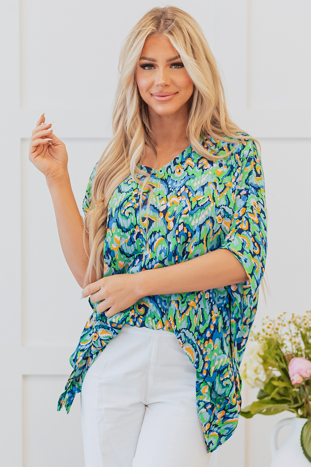 Pink Abstract Print V Neck Half Sleeve Loose Fit Tunic Blouse - loveforevers