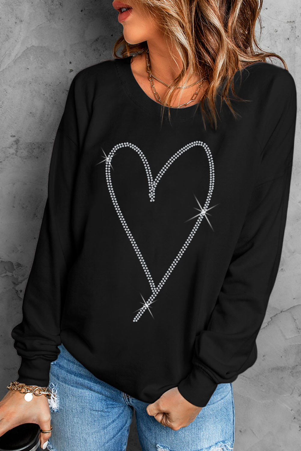 Black Rhinestone Heart Pattern Valentines Fashion Sweatshirt - loveforevers