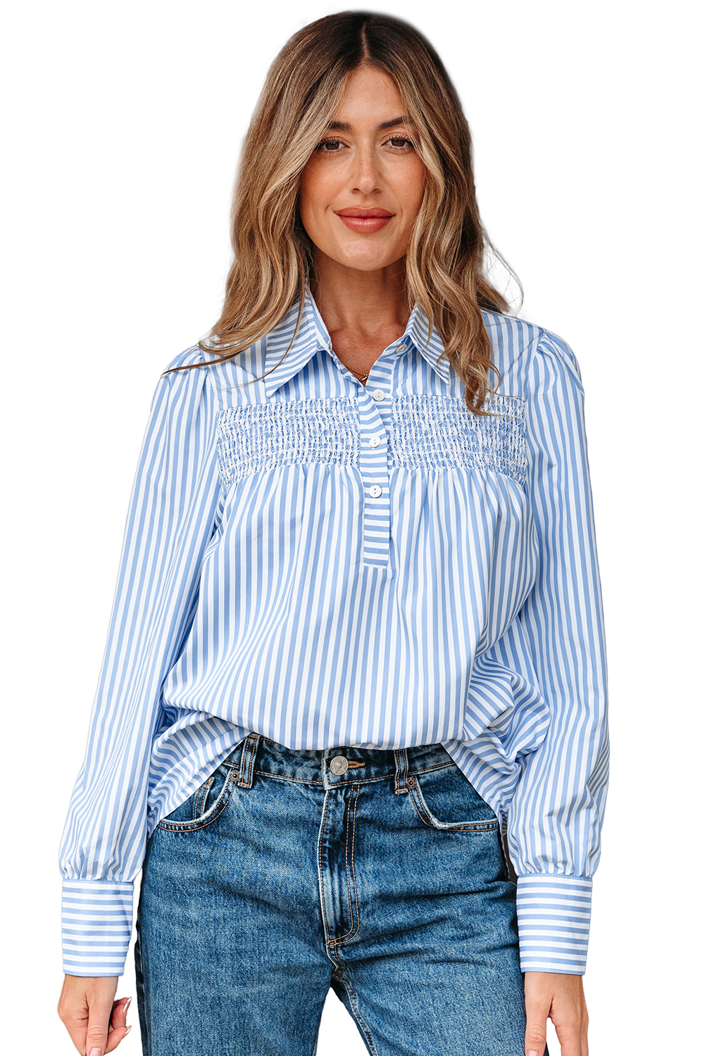 Sky Blue Stripe Shirred Detail Half Placket Collared Long Sleeve Fall Shirt - loveforevers