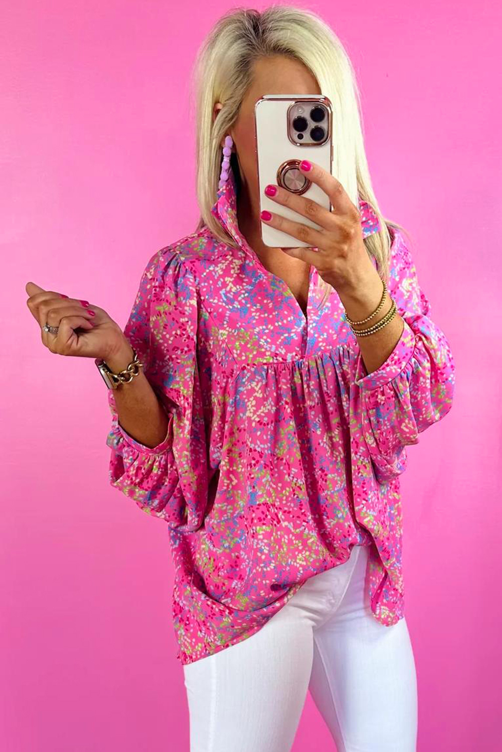 Bonbon Abstract Print Collared V Neck Babydoll Blouse - loveforevers