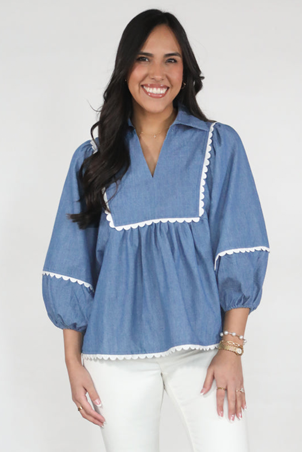 Dusk Blue Lace Ric Rac 3/4 Puff Sleeve Collared Babydoll Blouse - loveforevers