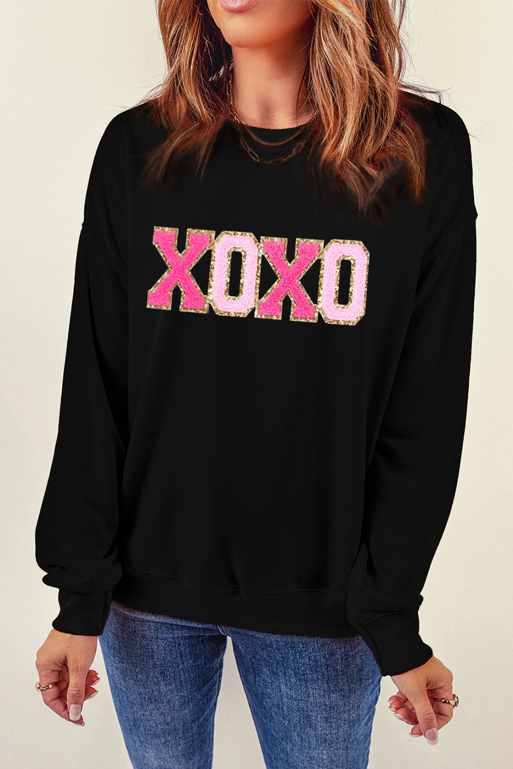 Black Chenille XOXO Patched Drop Shoulder Valentines Pullover Sweatshirt - loveforevers