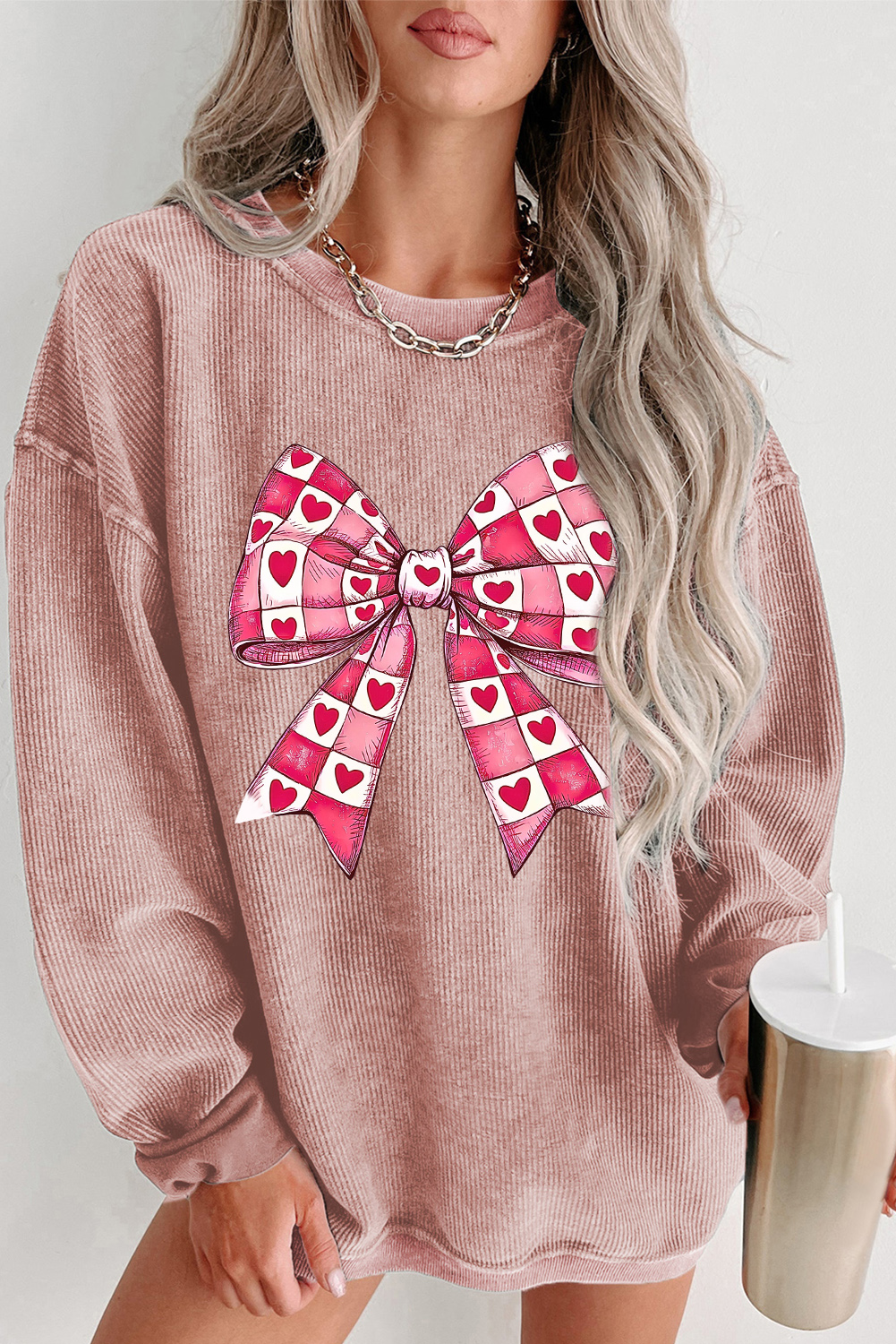 Pink Solid Ribbed Knit Round Neck Pullover Sweatshirt - loveforevers