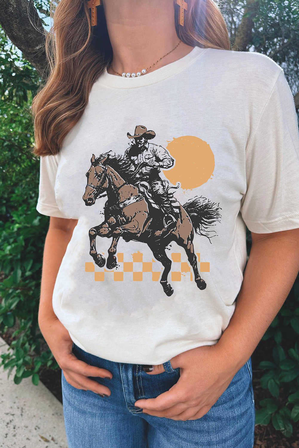 White Sunset Cowboy Print Western Fashion T Shirt - loveforevers