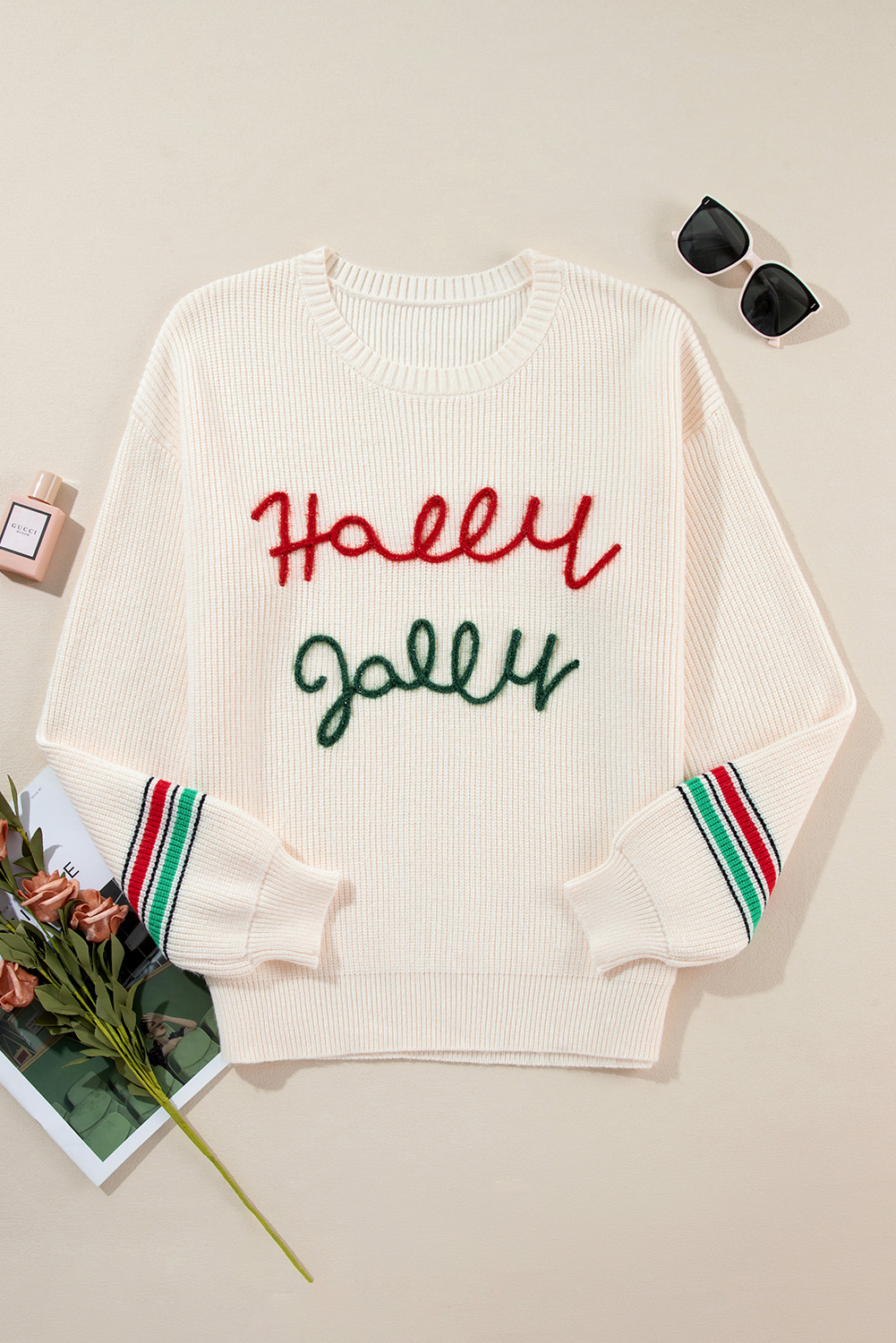 Beige Tinsel Holly Jolly Graphic Classic Sweater - loveforevers