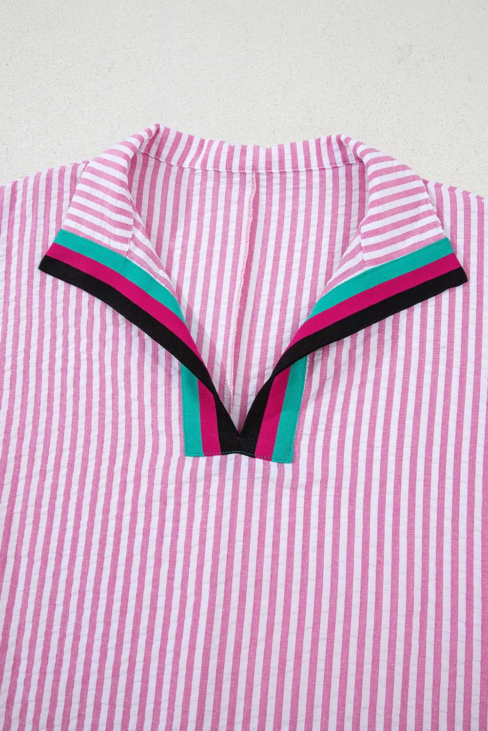 Sachet Pink Striped Print Contrast Split Neck Dolman Sleeve Blouse - loveforevers