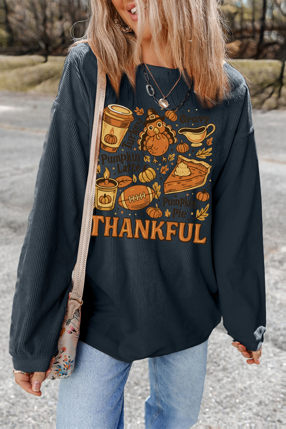 Dark Grey Twisted Ribbed THANKFUL Fall Fashion Printed Baggy Sweatshirt - loveforevers