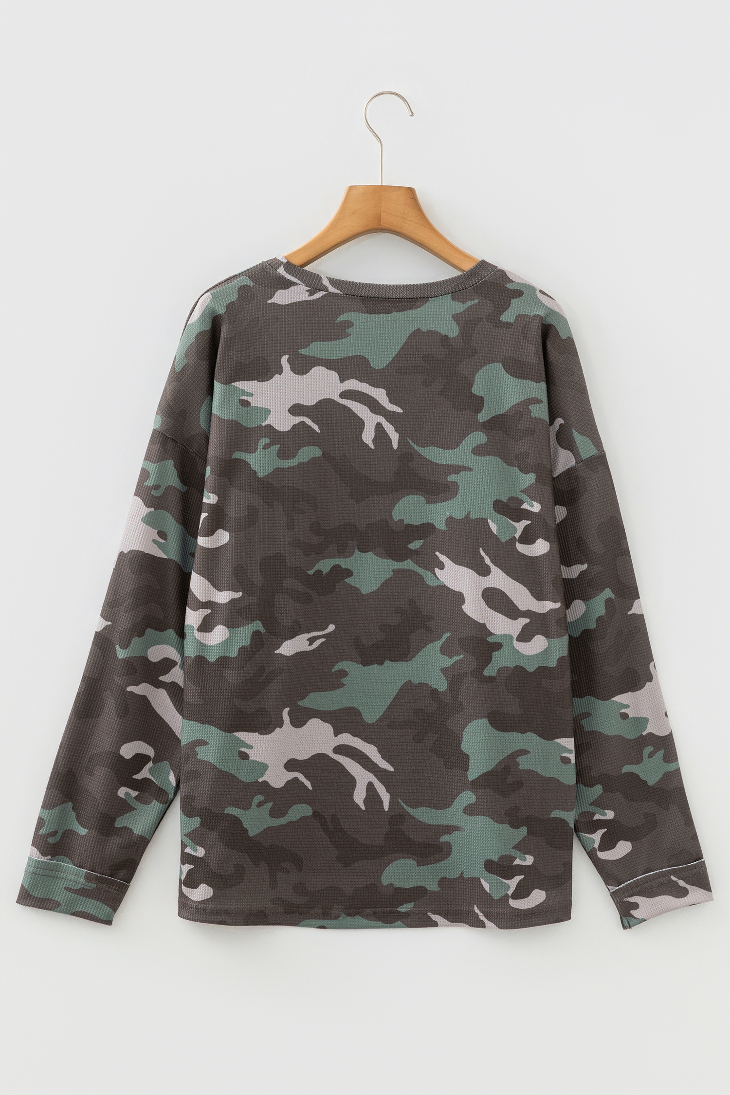 Green Camouflage Print Textured Drop Shoulder Long Sleeve Top - loveforevers