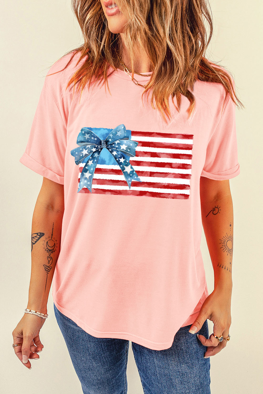 Pink Starry Bow American Flag Graphic T Shirt - loveforevers