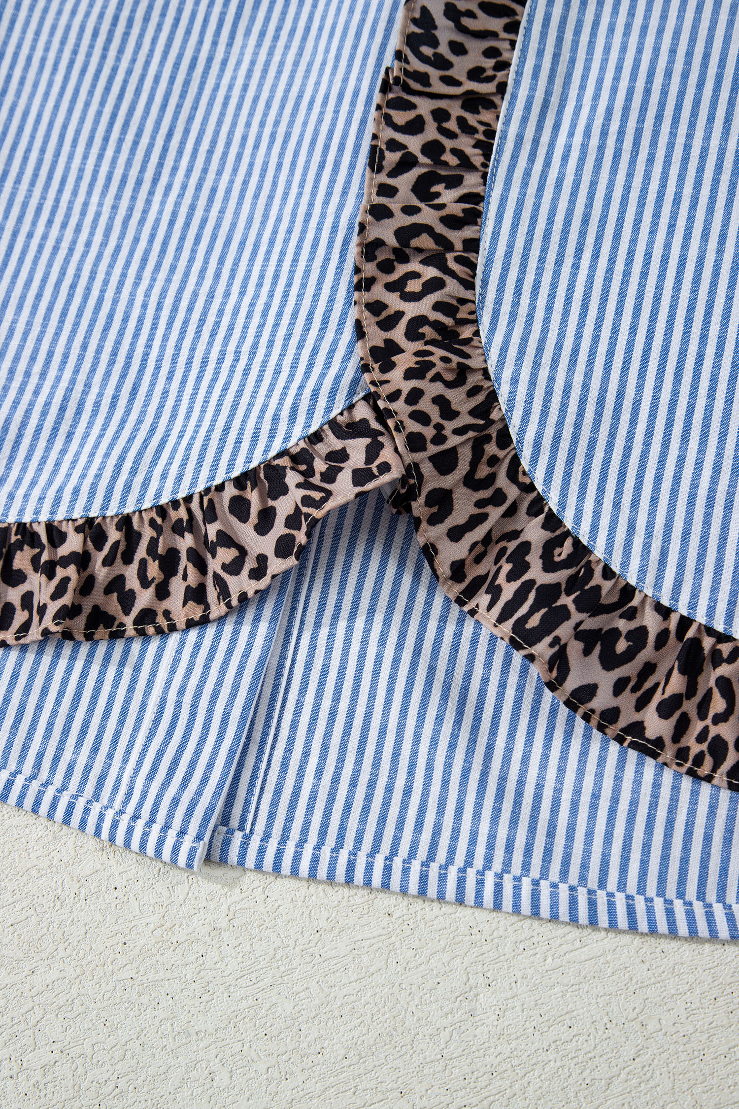 Sky Blue Stripe Contrast Frilled Leopard Trim Casual Long Sleeve Shirt - loveforevers