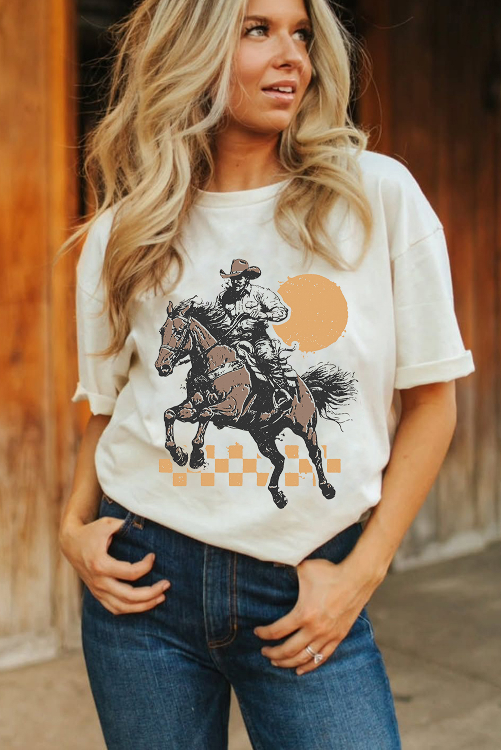 White Sunset Cowboy Print Western Fashion T Shirt - loveforevers