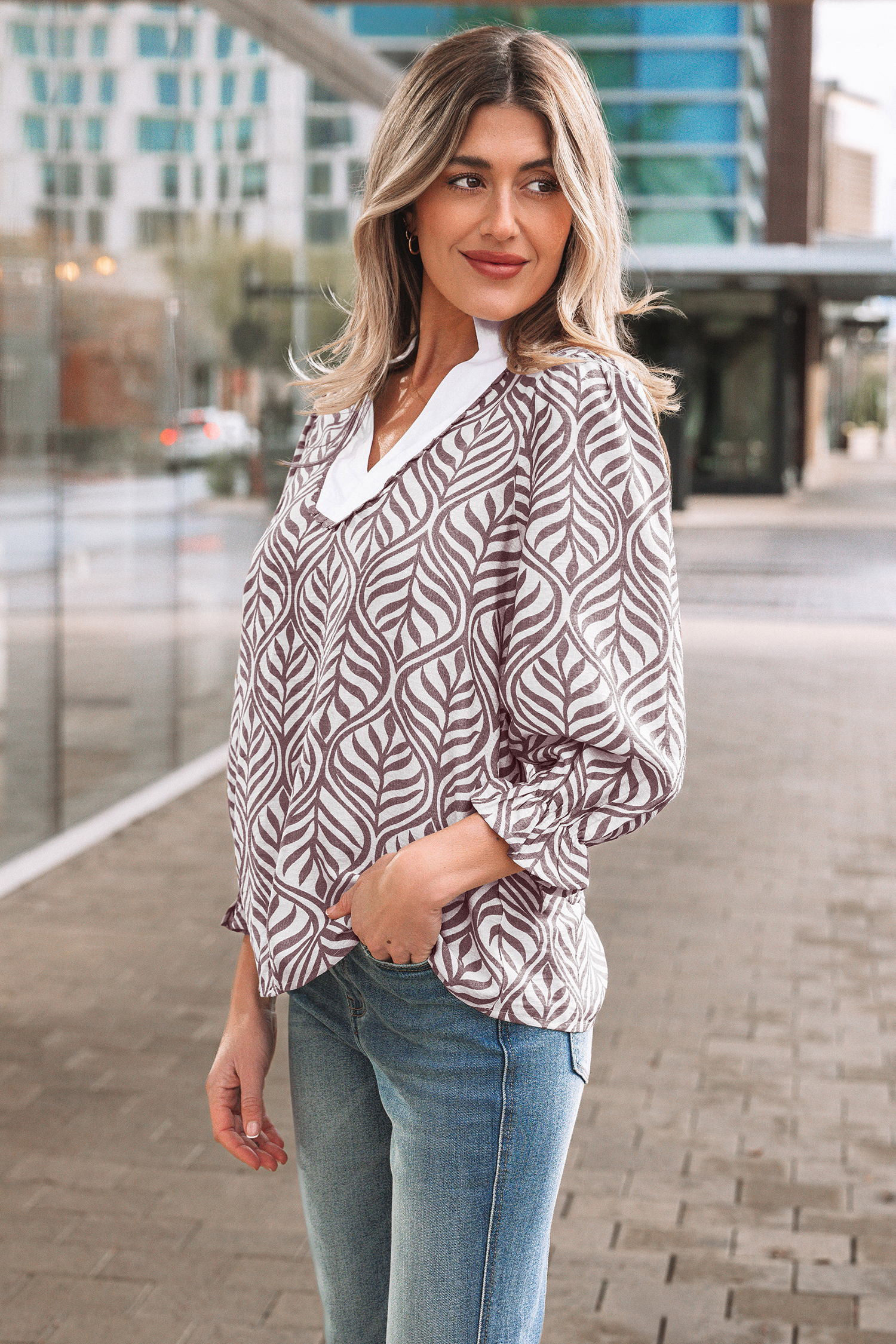 Brown Leaf Print Standing Collar Puff Sleeve Top - loveforevers