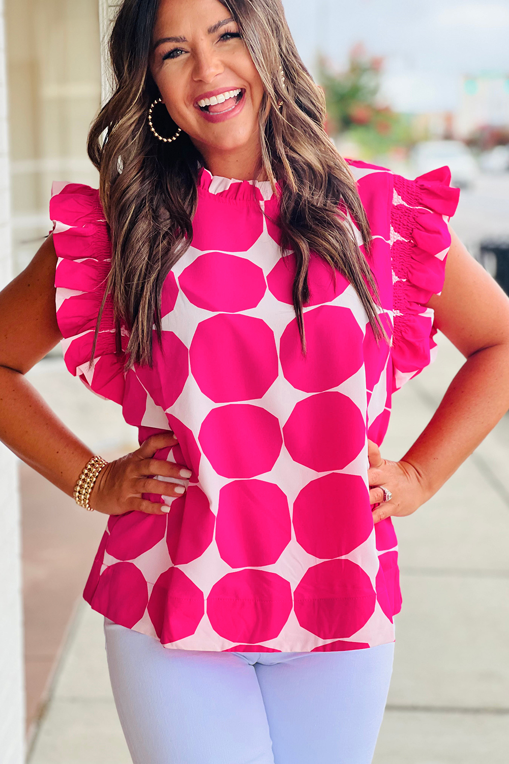 Rose Bubblegum Pattern Frilled Collar Flutter Sleeve Top - loveforevers