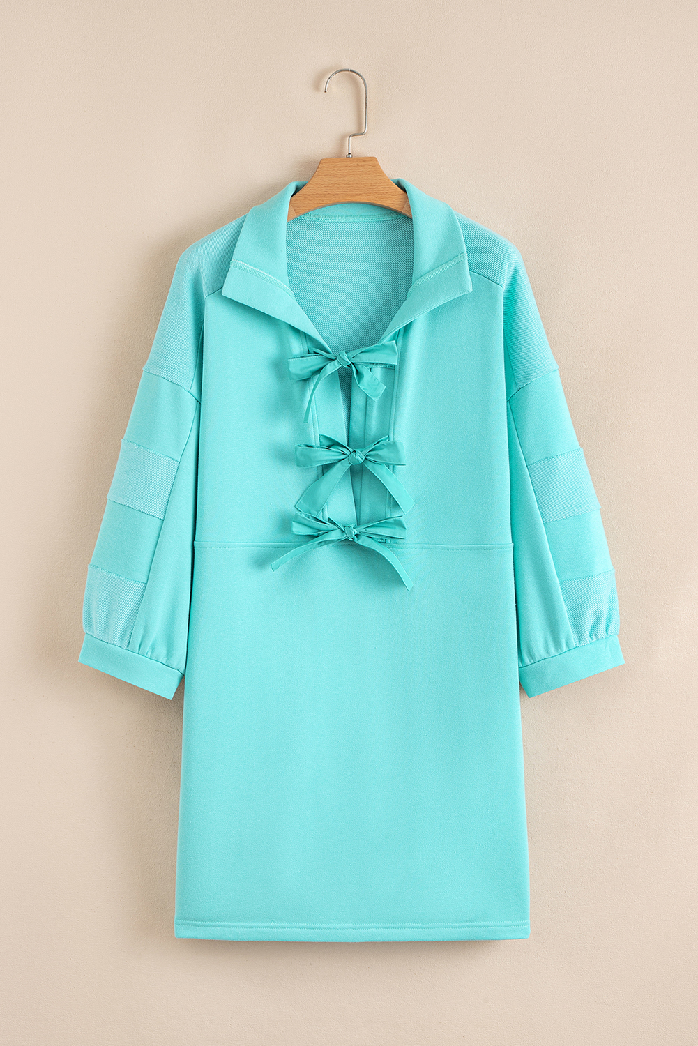 Moonlight Jade Bow Front Bracelet Sleeve Collared Side Pocket Shift Mini Dress - loveforevers