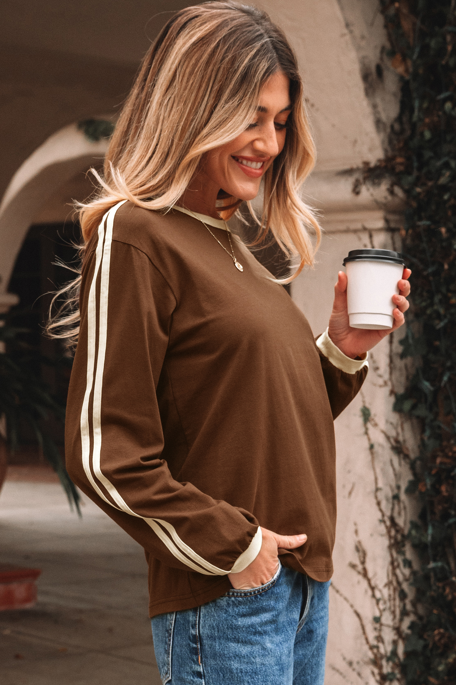 Dark Brown Varsity Striped Accent Contrast Crew Neck Long Sleeve T Shirt - loveforevers
