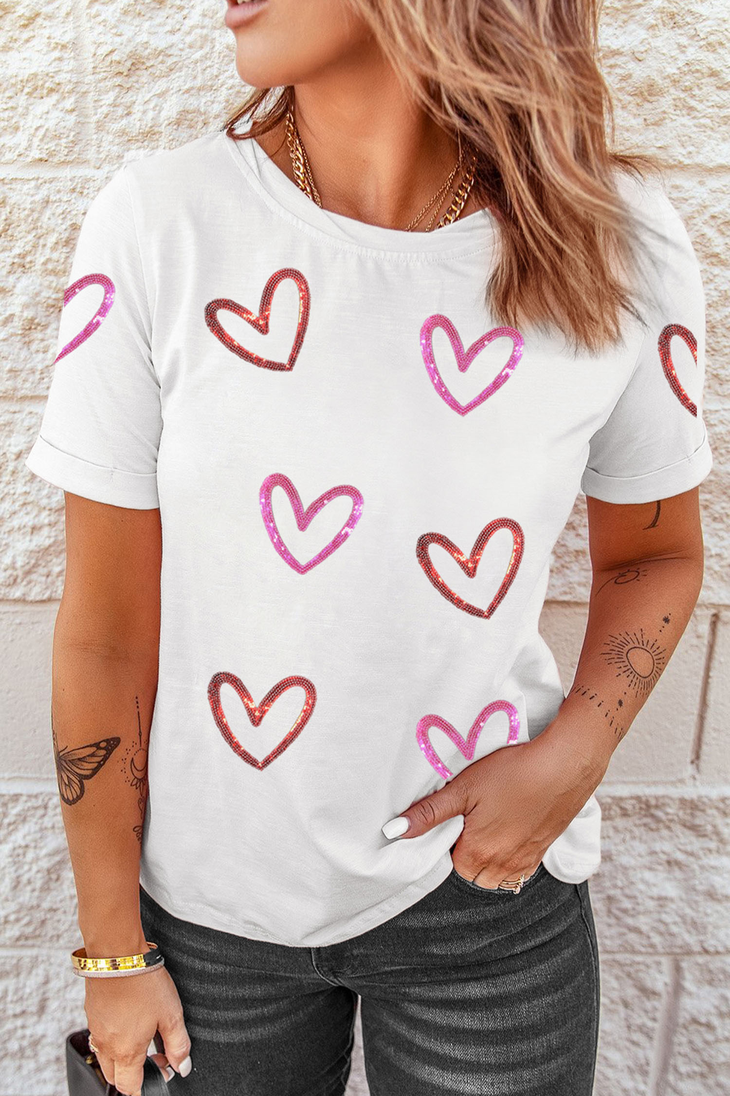 White Sequin Heart Sketch Graphic Womens Casual Tee - loveforevers