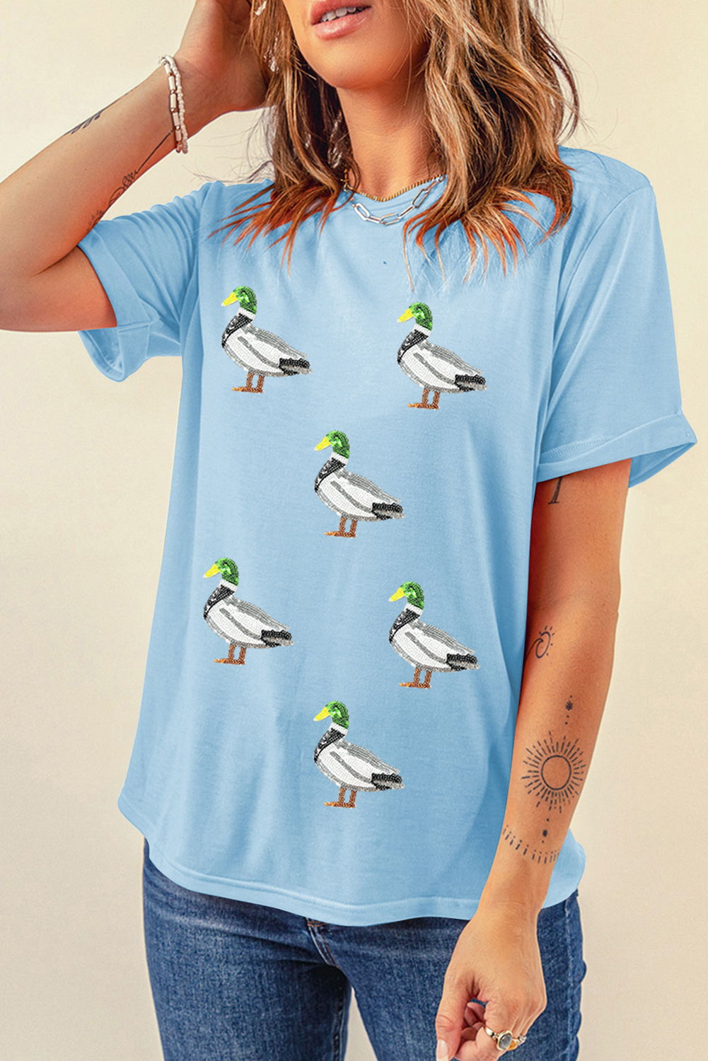 Light Blue Sequin Mallard Graphic Womens Casual Tee - loveforevers