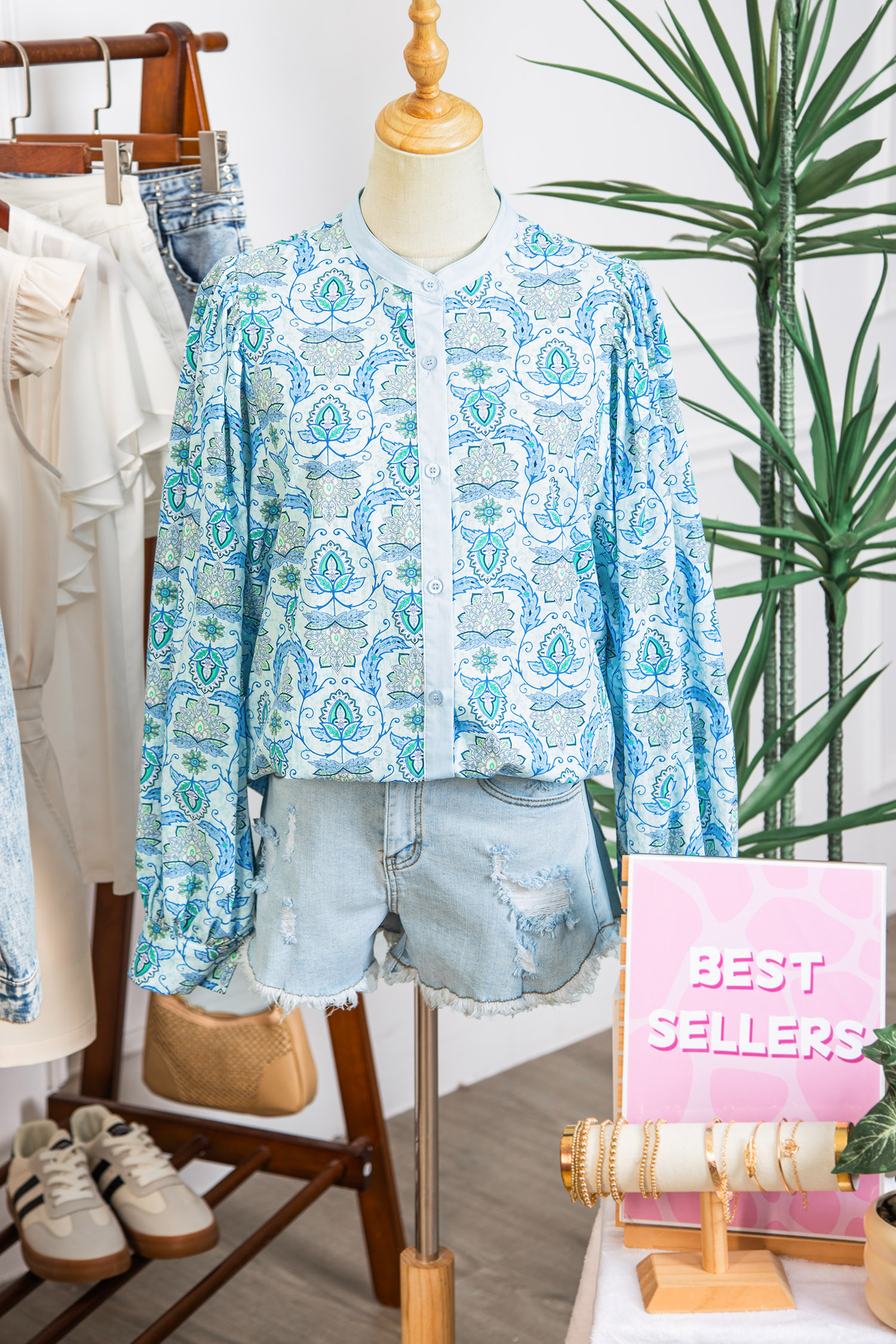 Sky Blue Paisley Print Puff Sleeve Loose Shirt - loveforevers