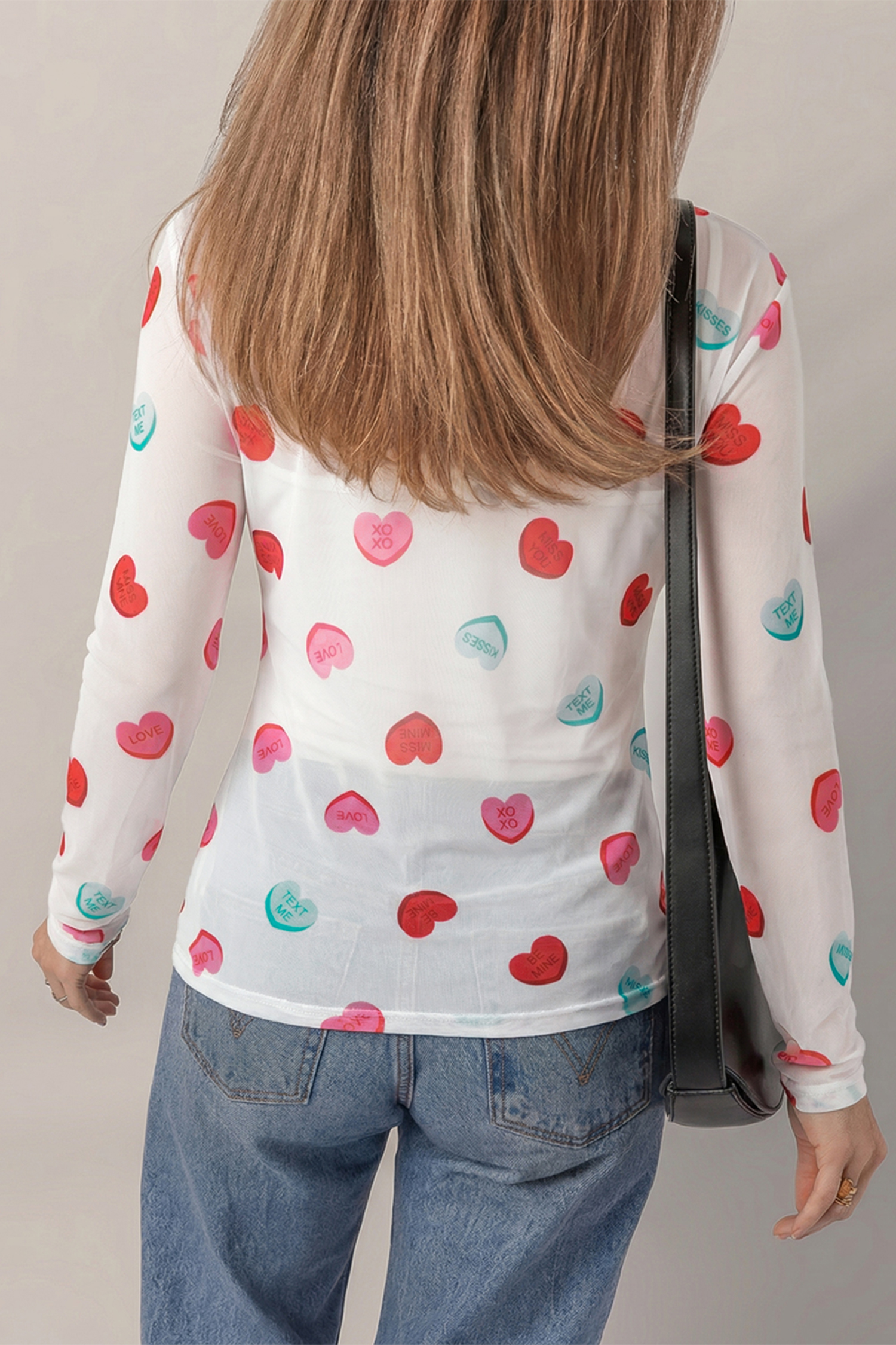 White Sheer Mesh Valentines Slogan Heart Printed Long Sleeve Top - loveforevers