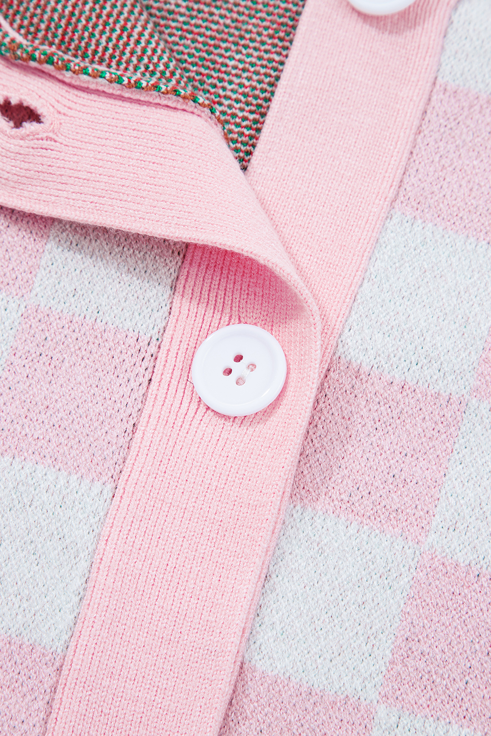 Pink Checkered Christmas Tree Pattern Button V Neck Cardigan Sweater - loveforevers