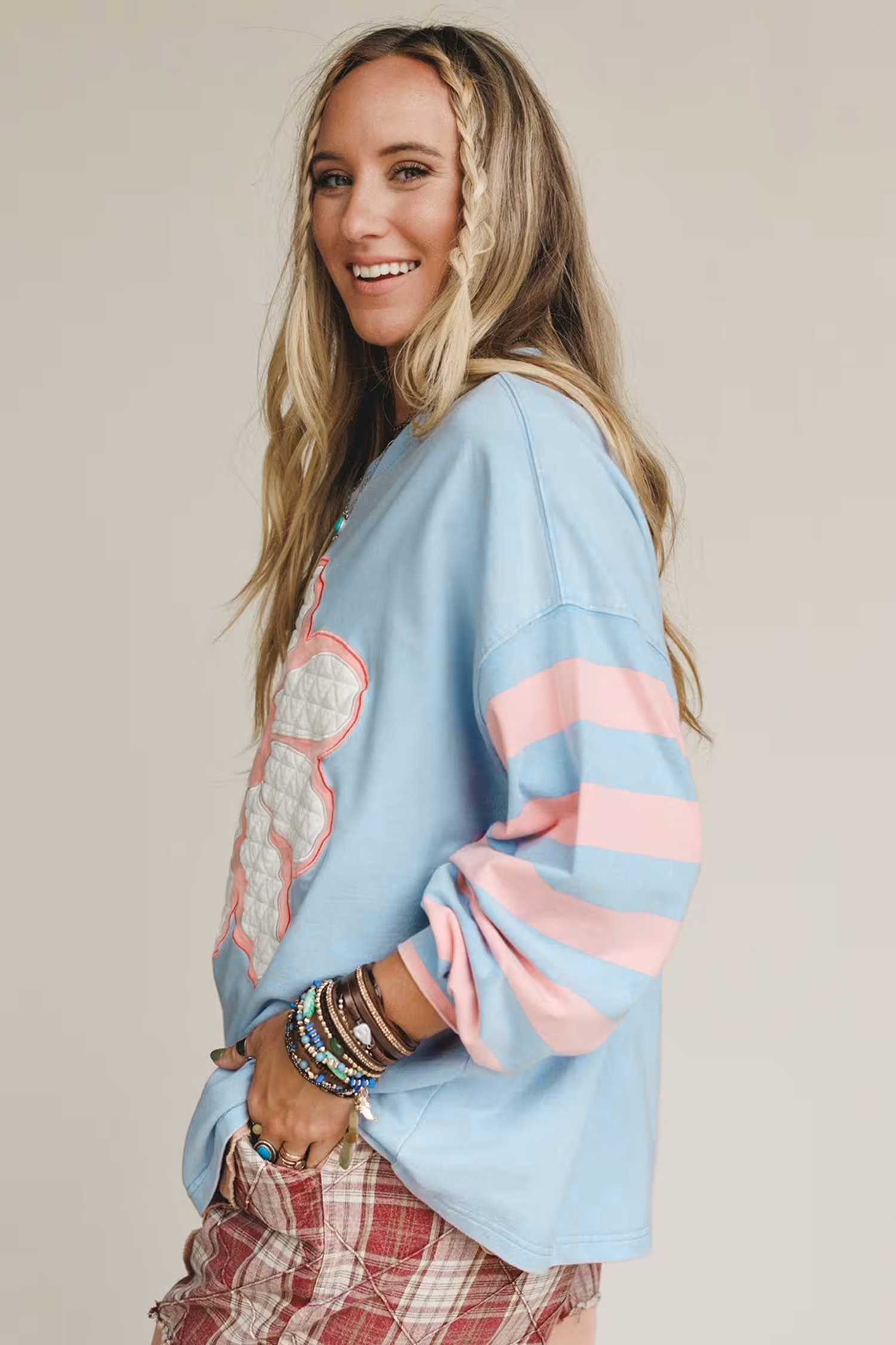 Beau Blue Big Flower Patch Drop Shoulder Striped Long Sleeve Top - loveforevers