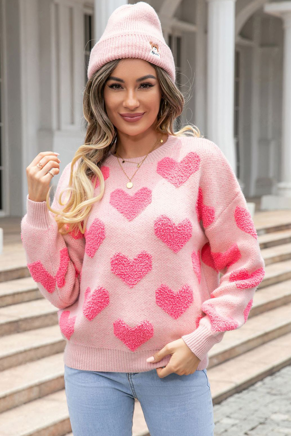 Light Pink Valentine's Day Heart Jacquard Knit Sweater - loveforevers