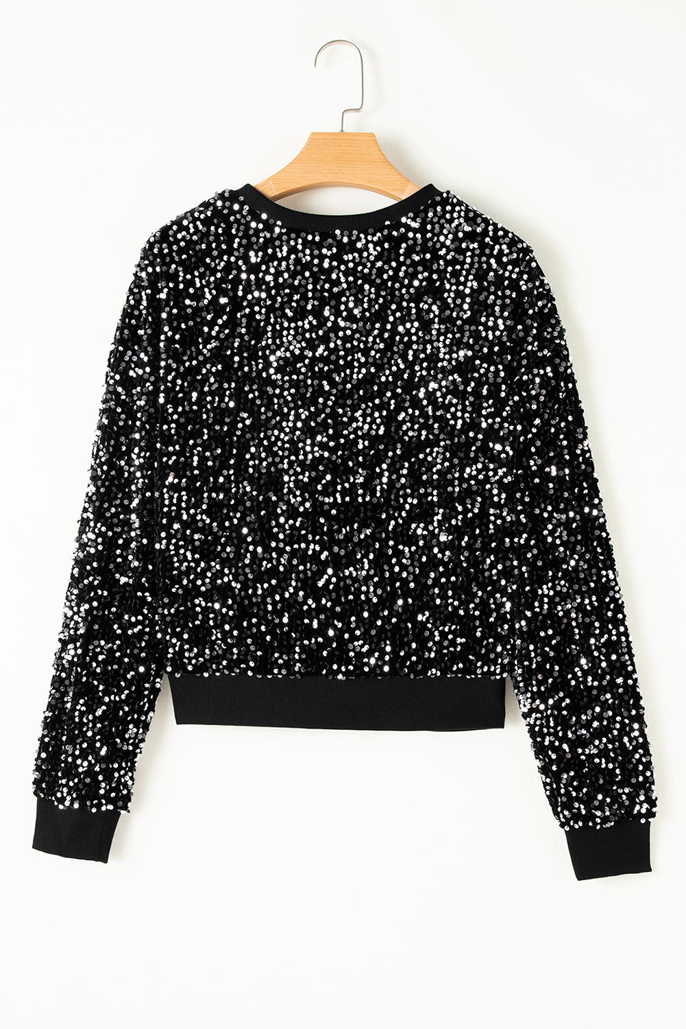 Black Sequined Long Sleeve Crew Neck Cropped Blouse - loveforevers
