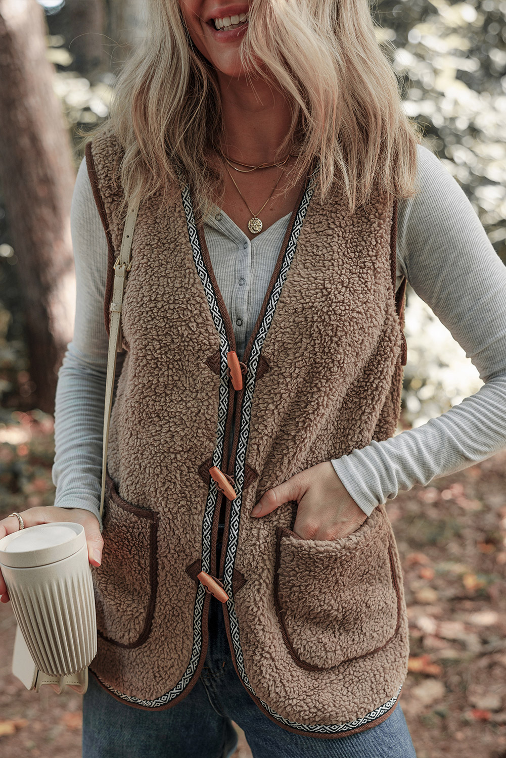 Dark Khaki Sherpa Contrast Trim Patch Pocket Cartridge Toggle Button Vest - loveforevers