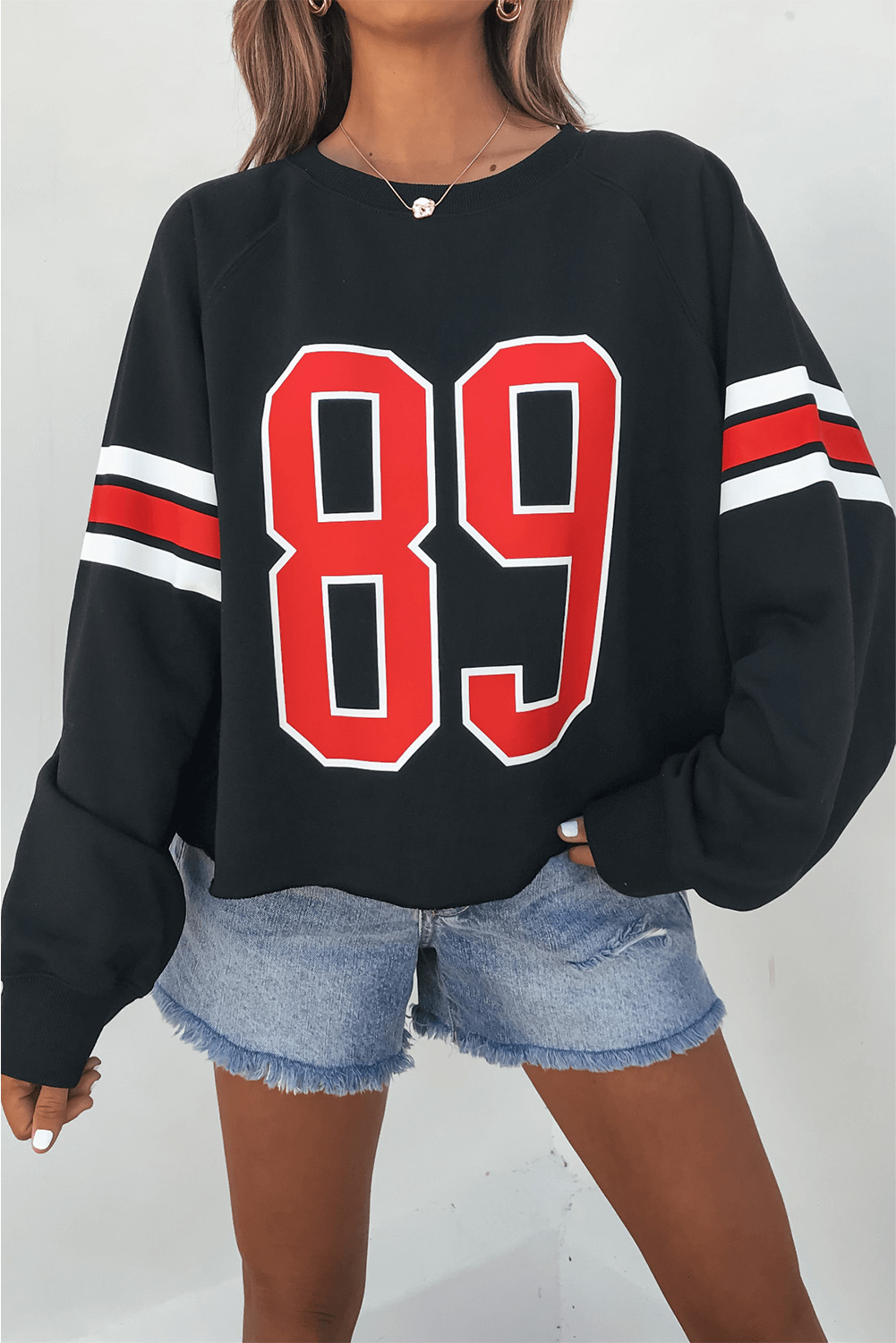 Black Varsity Spirit Striped 89 Graphic Casual Sweatshirt - loveforevers