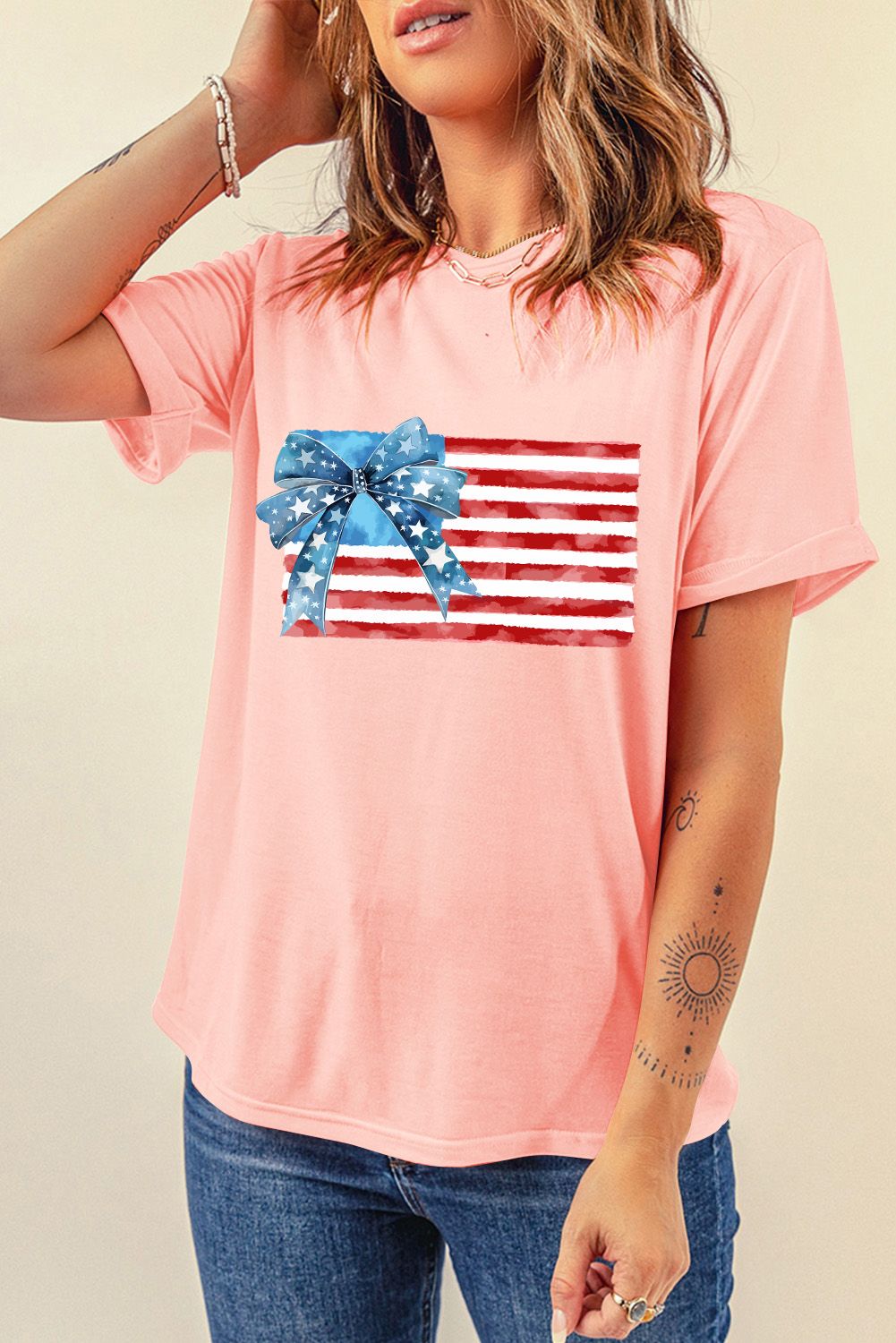 Pink Starry Bow American Flag Graphic T Shirt - loveforevers