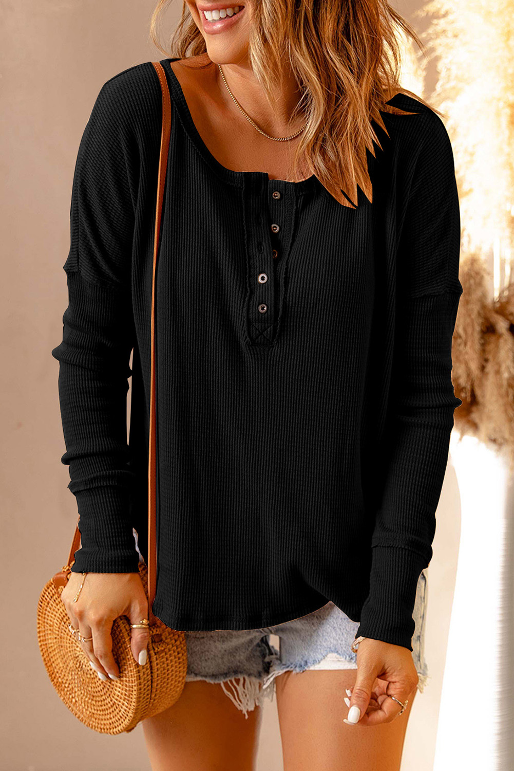 Black Waffle Knit Henley Top - loveforevers