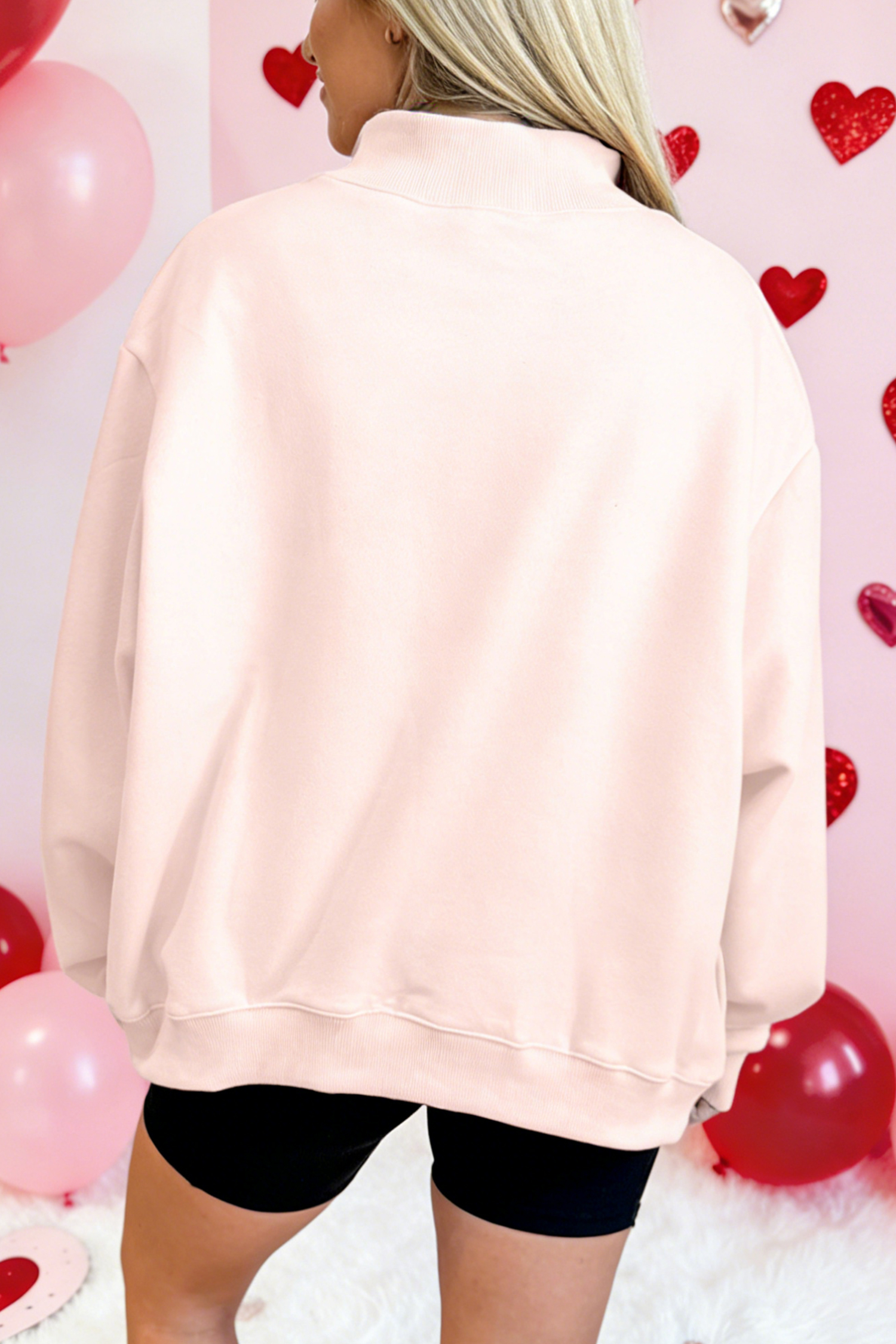 Apricot Pink Valentines Day Love LUCIE MAX Puffy Letter Print Mock Neck Sweatshirt - loveforevers