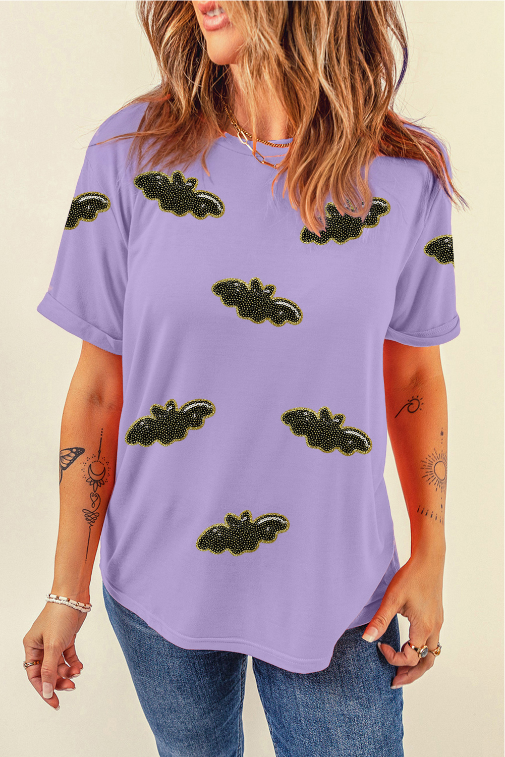 Wisteria Sequin Halloween Bat Patched Casual T Shirt - loveforevers
