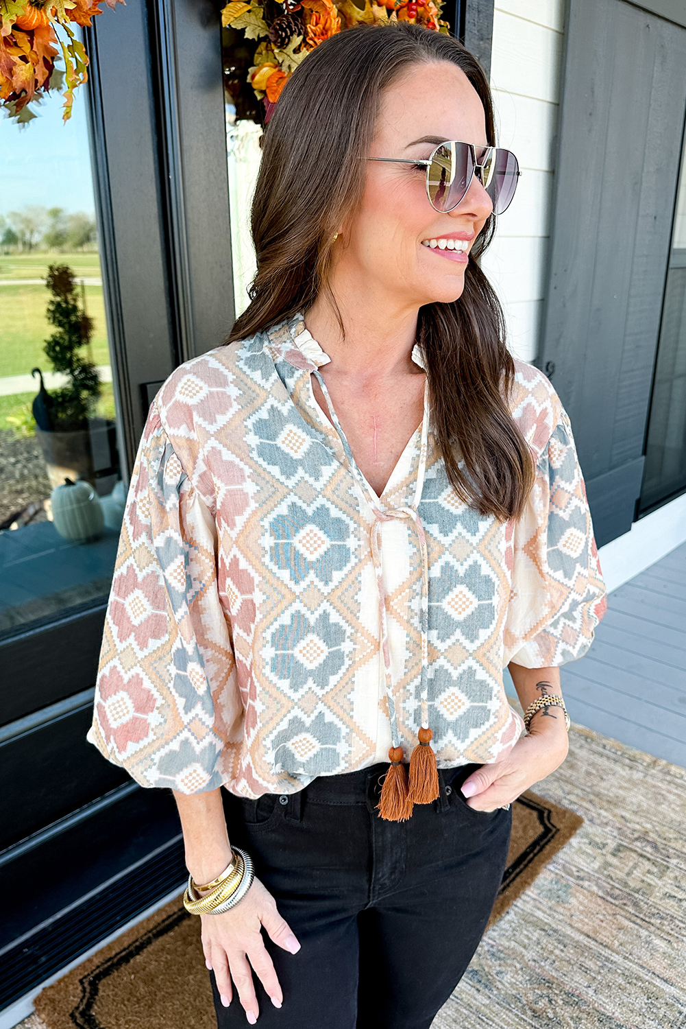 Khaki Geometric Print Tassel Tie Split Neck Balloon Sleeve Blouse - loveforevers