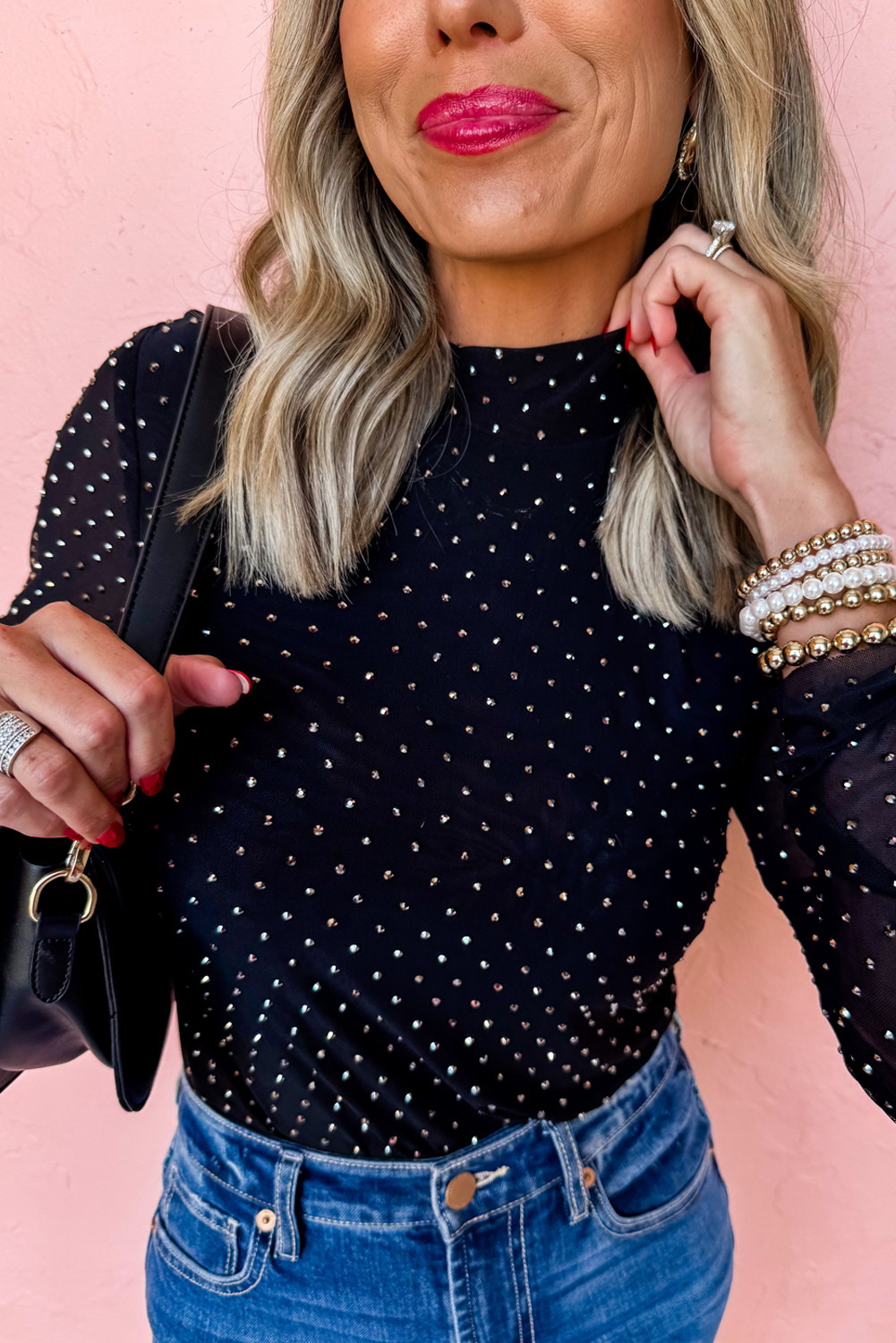 Black Rhinestone Embellished Mesh Long Sleeve Top - loveforevers