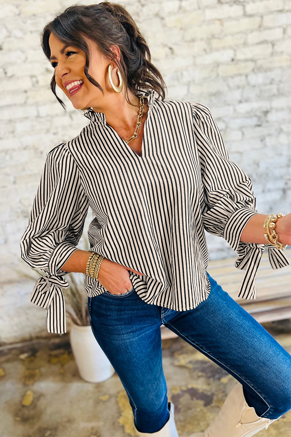 Black Stripe Knotted Cuff Long Sleeve V Neck Blouse - loveforevers