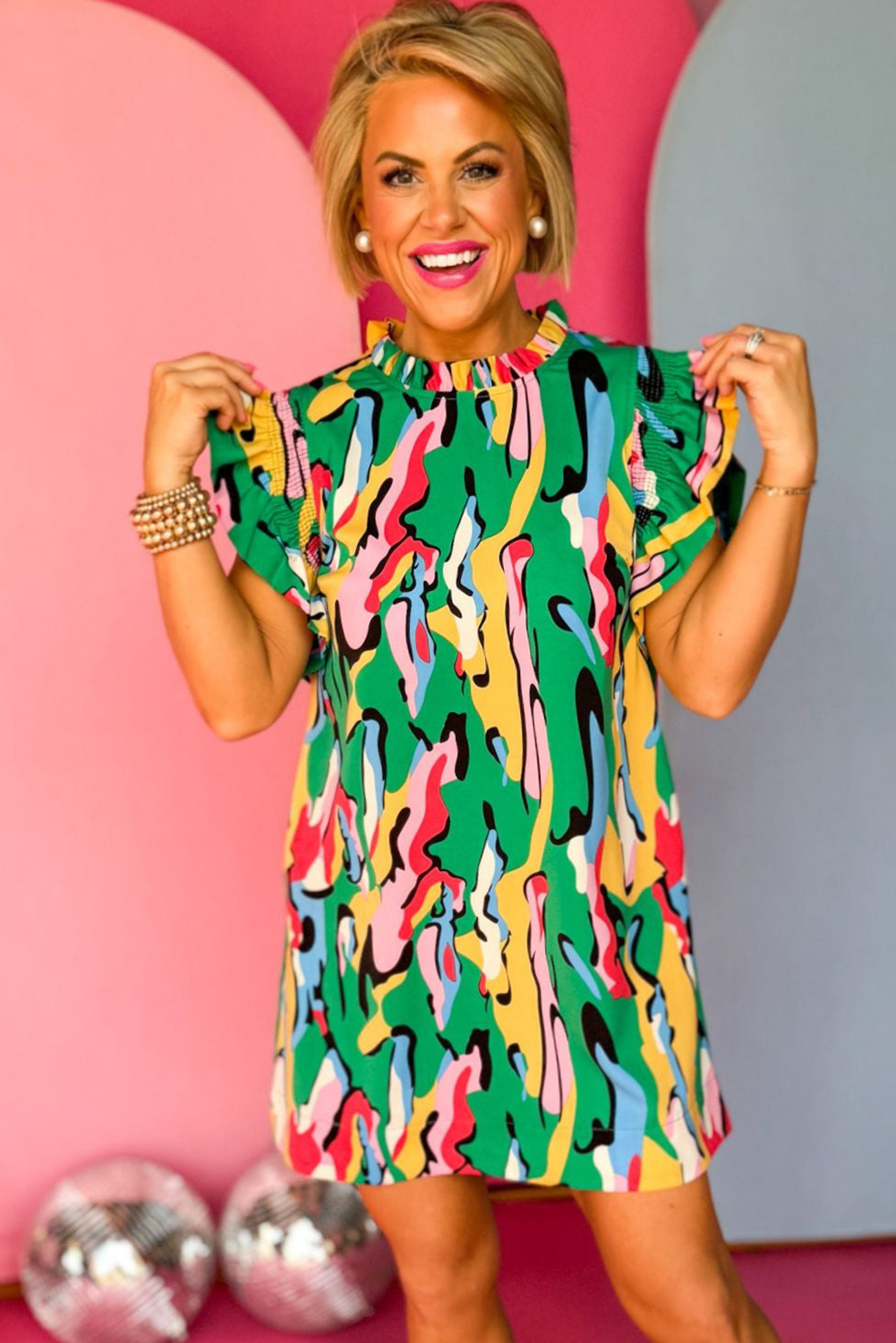 Green Abstract Print Frilled Neck Ruffled Sleeve Mini Dress - loveforevers