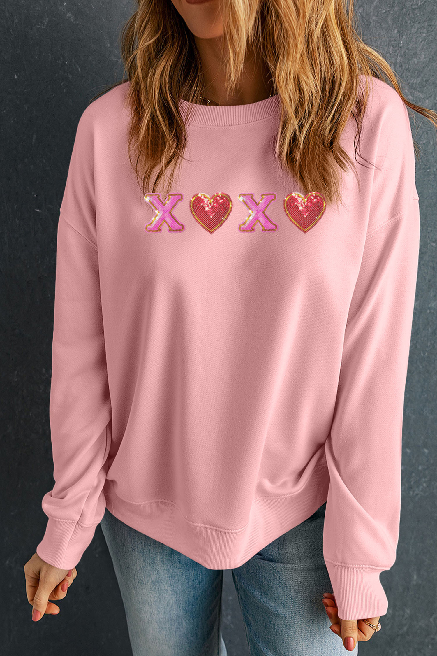 Pink XOXO Sequin Heart Patched Valentines Day Drop Shoulder Sweatshirt - loveforevers