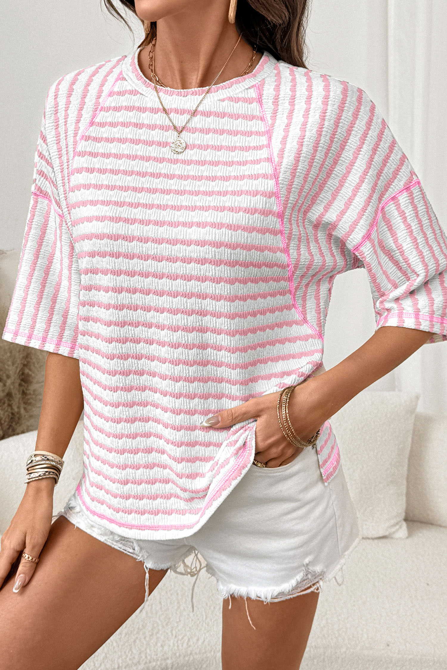 Pink Stripe Textured Knit Split Hem Half Sleeve Loose Top - loveforevers
