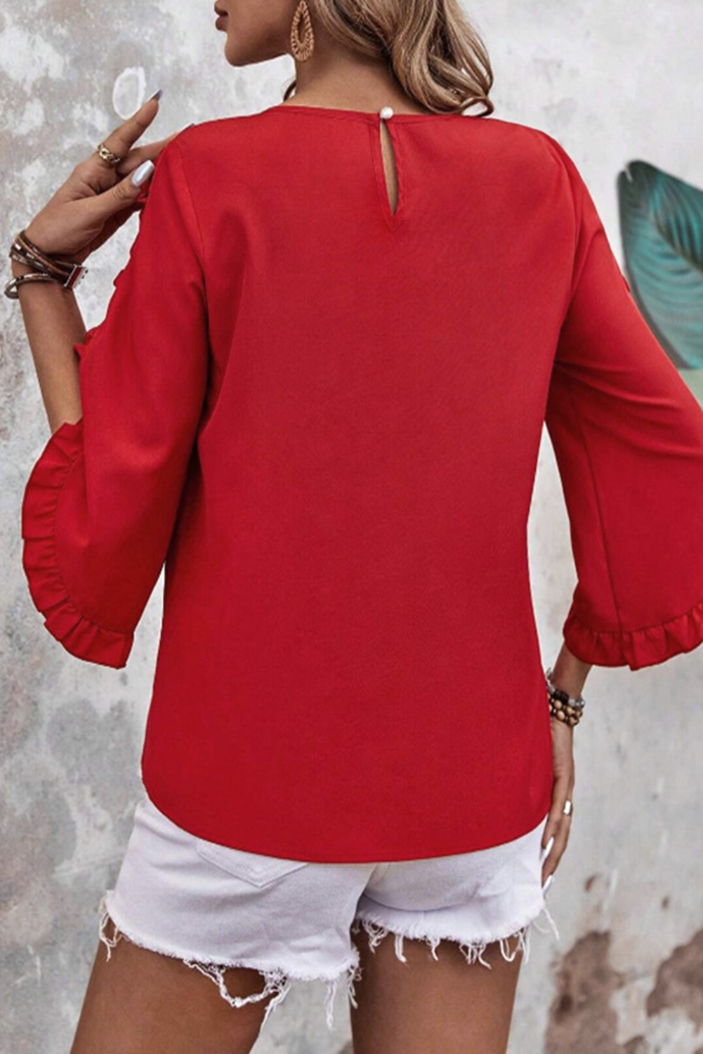 Black Ruffle Trimmed 3/4 Sleeve Round Neck Blouse - loveforevers