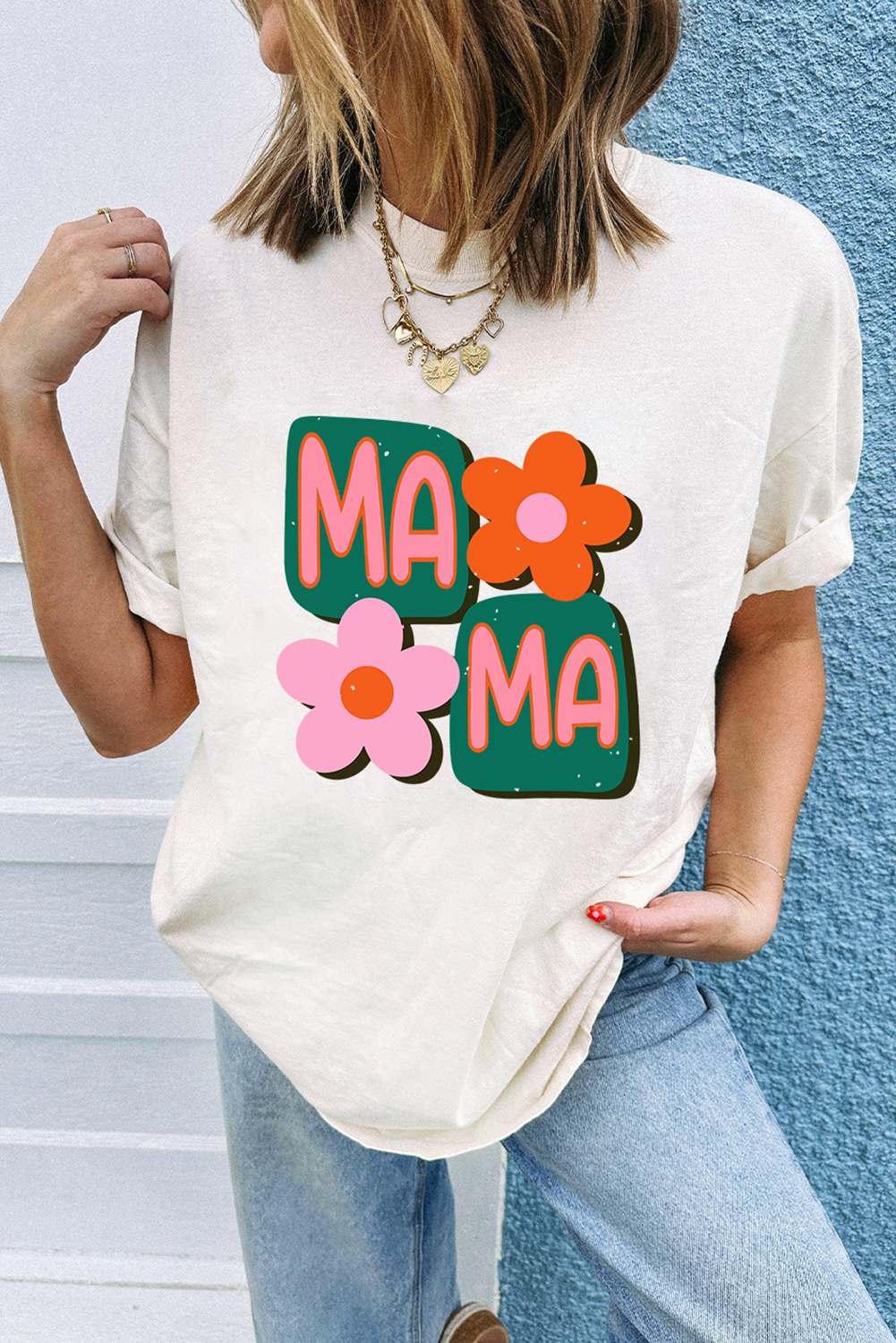 White MAMA Flower Graphic Crewneck Tee - loveforevers