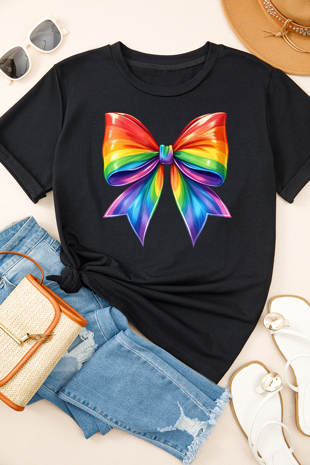 Black Pride Bow Graphic Round Neck T Shirt - loveforevers