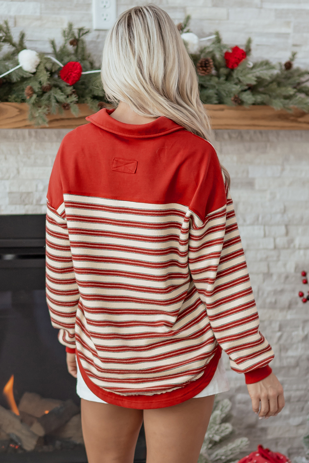 Red Stripe Buttoned V Neck Collared Drop Shoulder Top - loveforevers