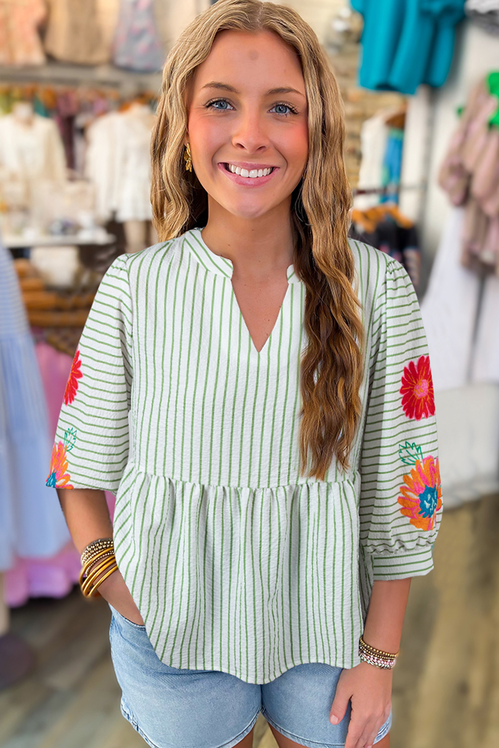 Green Stripe Flower Puff Sleeve Notched V Neck Babydoll Blouse - loveforevers