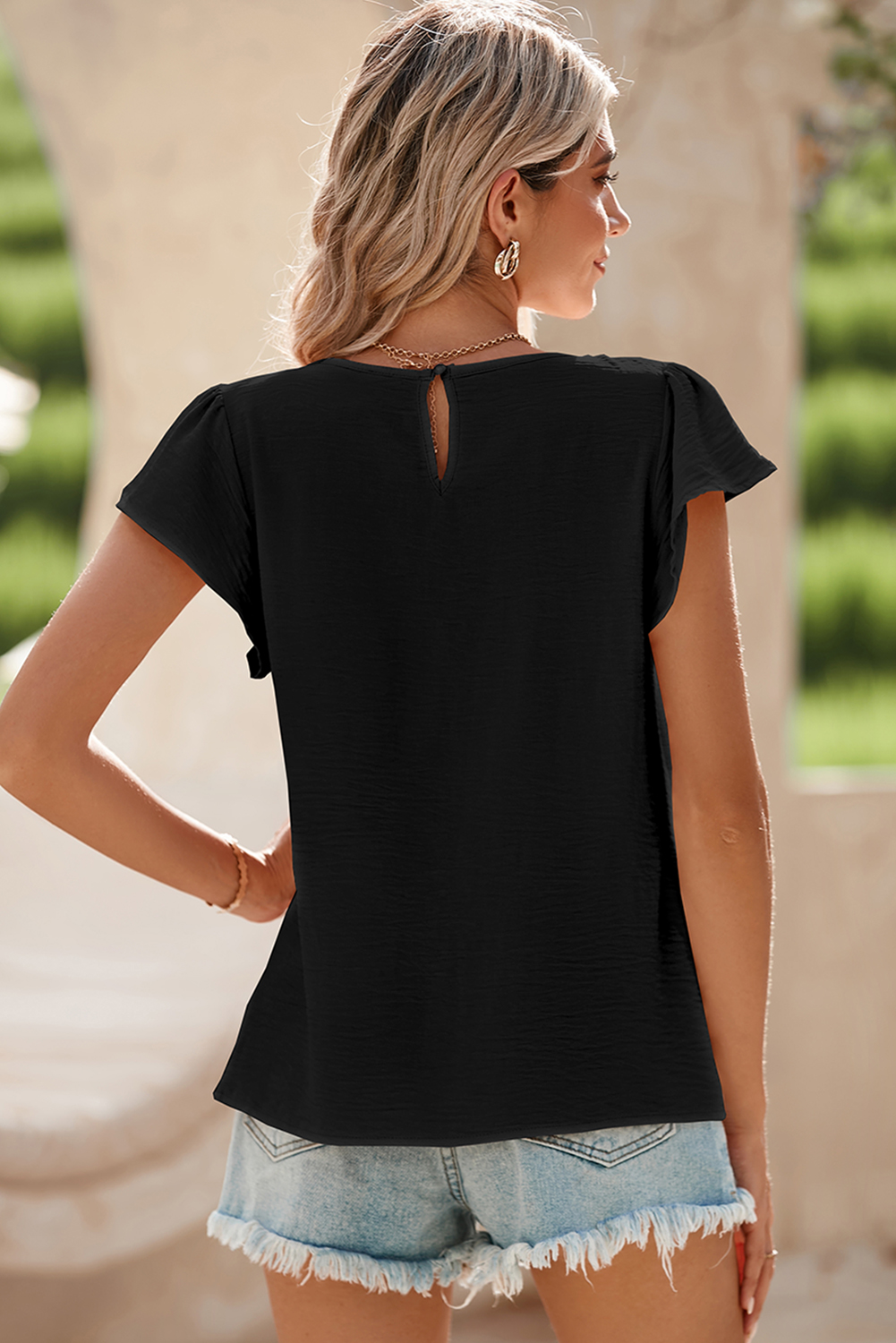 Black Flounce Sleeve Pleated Textured Blouse - loveforevers