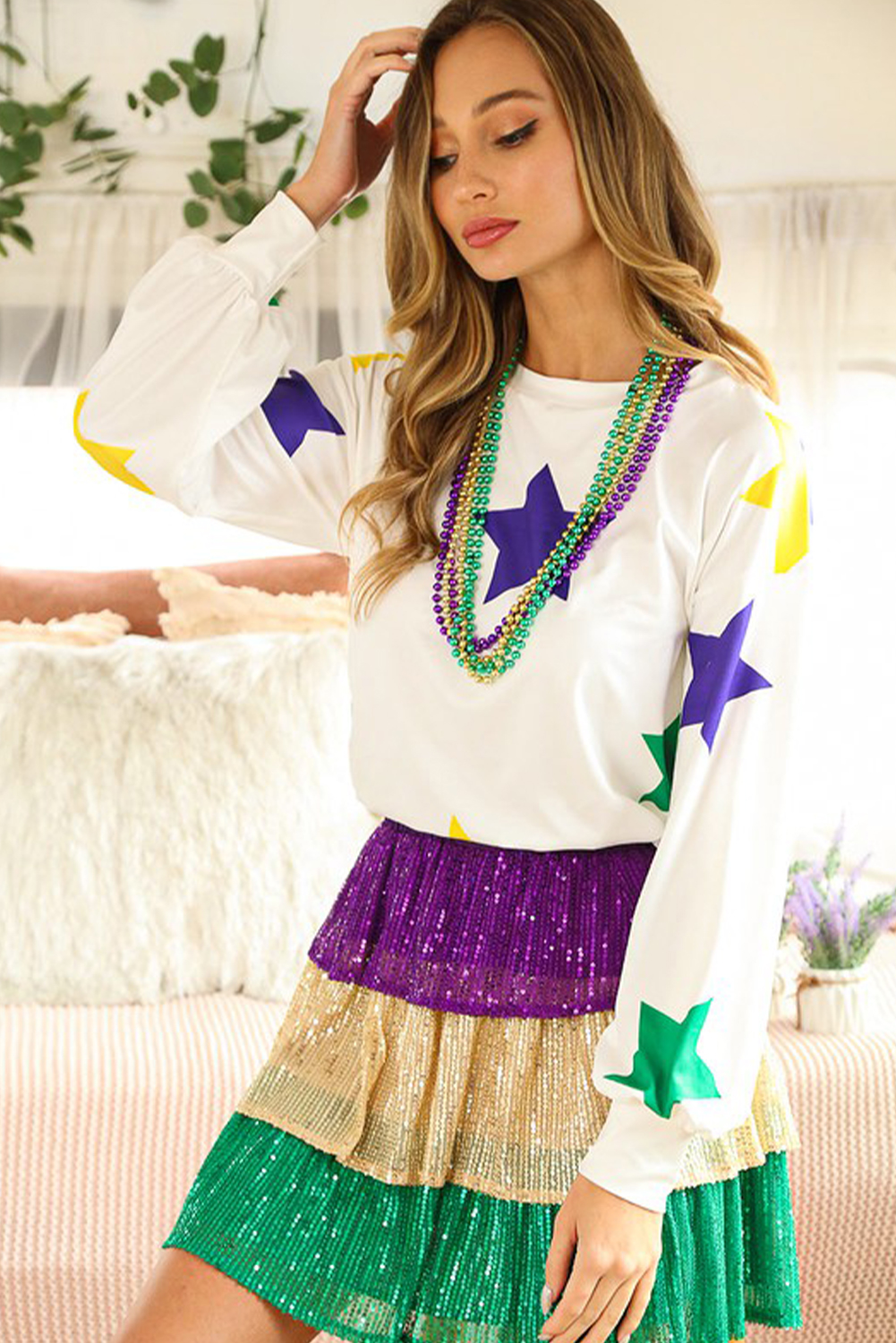 White Mardi Gras Star Printed Long Sleeve Top - loveforevers